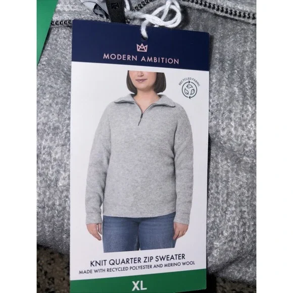 NWT Women's Gray MODERN AMBITION Knit Quarter Zip Merino Wool Sweater XL - Picture 2 of 2